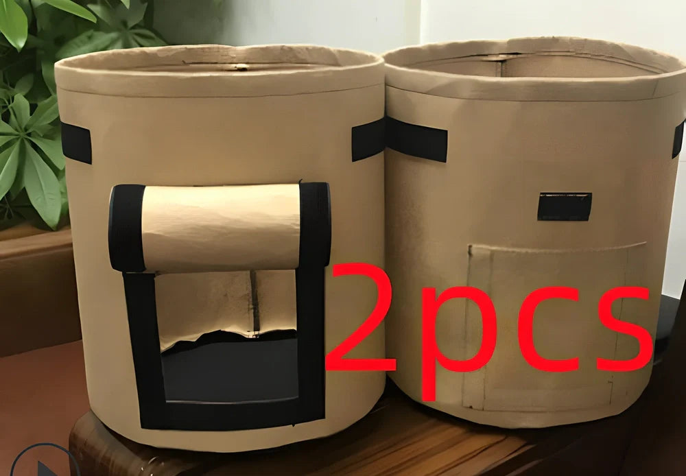 Black non-woven plant growth bag with side window and handles for potato gardening, breathable fabric, large size shown