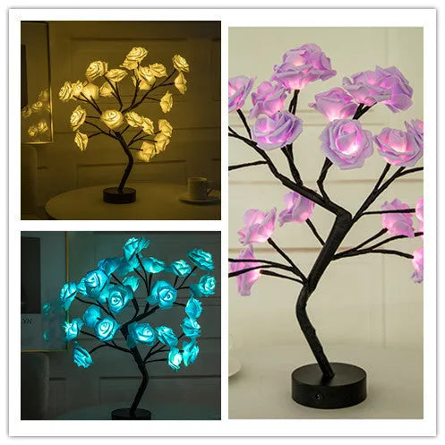 White and red rose flower LED lamp on a table with bonsai tree shape and warm white glow.