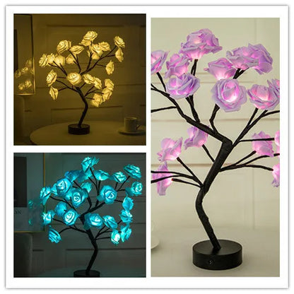 White and red rose flower LED lamp on a table with bonsai tree shape and warm white glow.