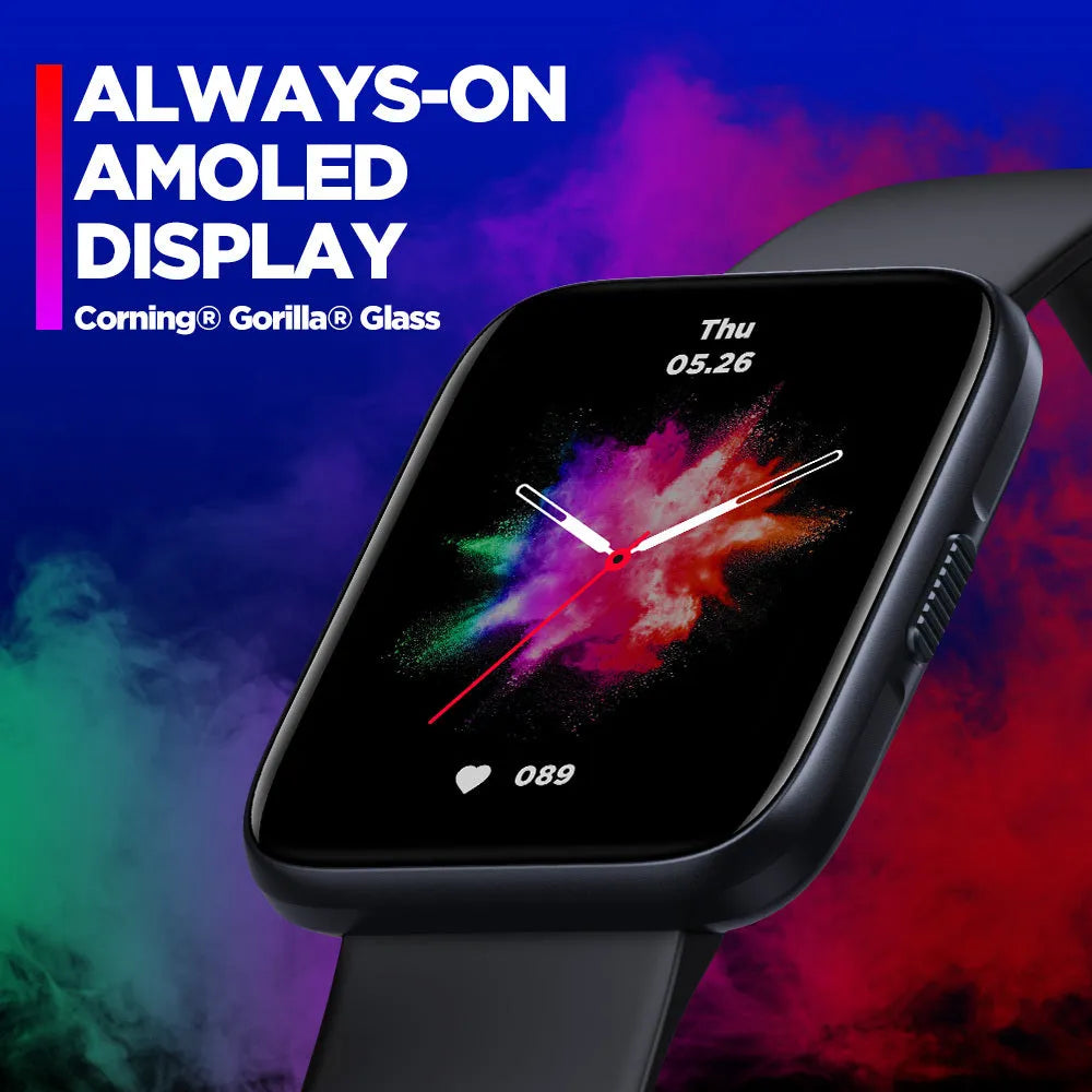 Black GPS sports smart watch with rubber wrist strap showing health metrics on 1.78 inch LCD display