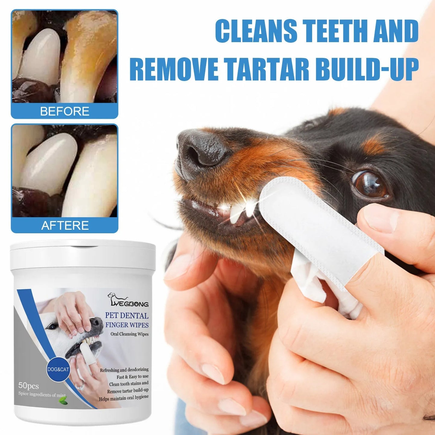 Dog dental cleaning finger wipes in can with finger stall applicator design for canine oral care