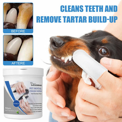 Dog dental cleaning finger wipes in can with finger stall applicator design for canine oral care