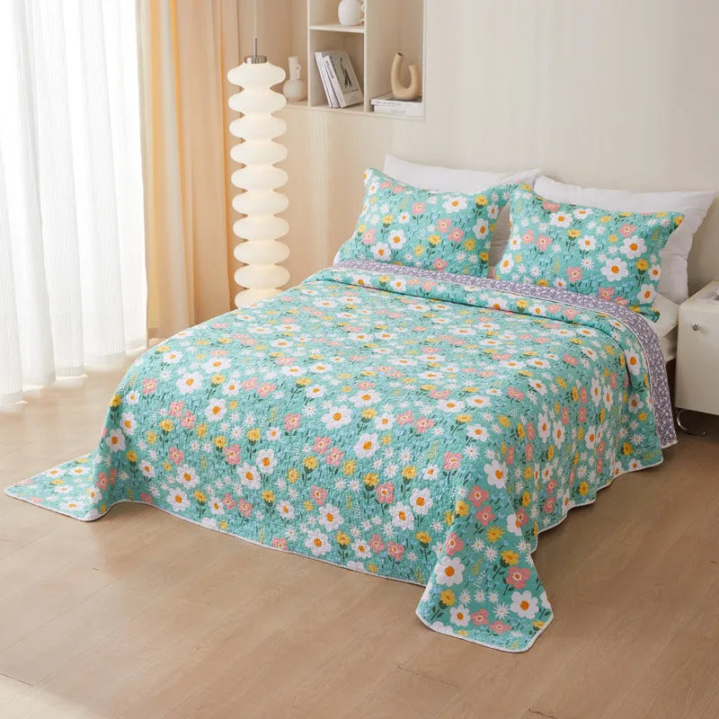 Pure cotton twill quilted bedspread three piece set with reactive printed floral pattern
