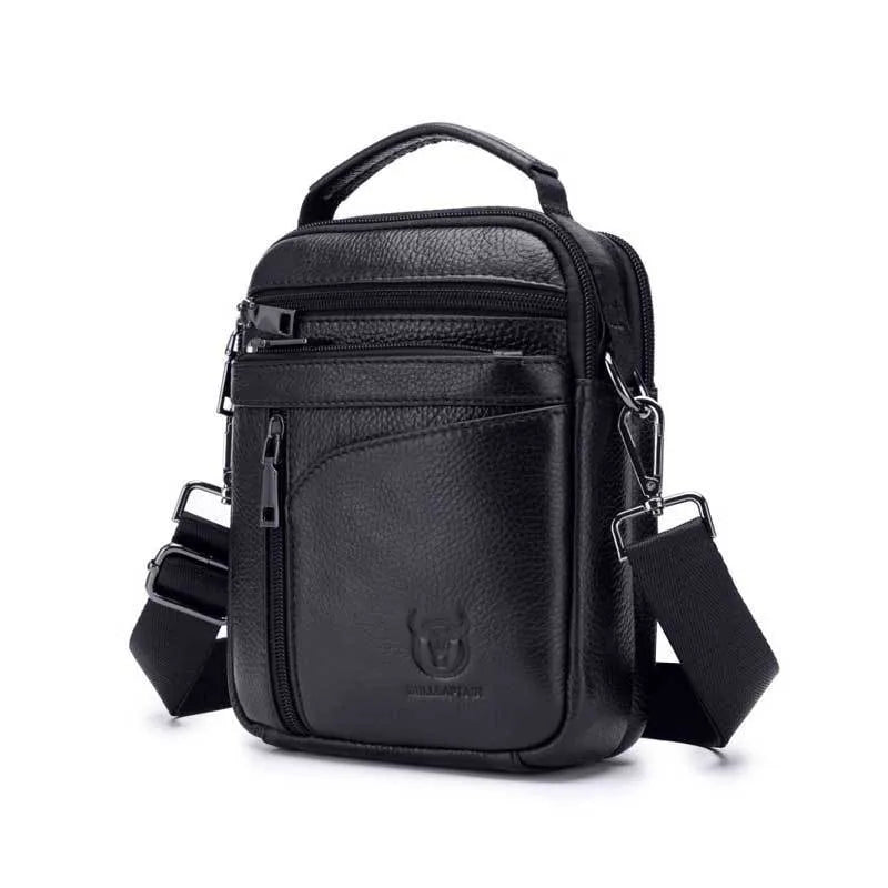 Black genuine leather men's shoulder messenger bag with retro style design