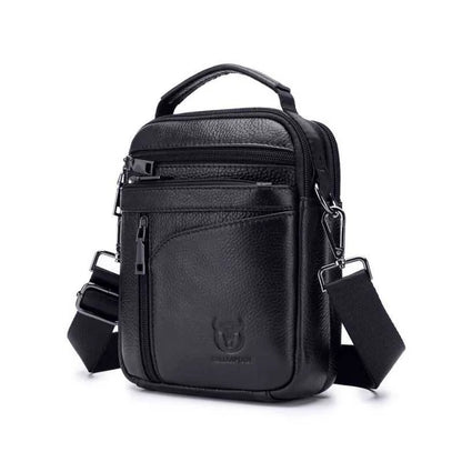 Black genuine leather men's shoulder messenger bag with retro style design