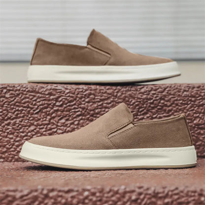 Men's grey and apricot casual shoes with mid heel, round toe, and sleeve-on design