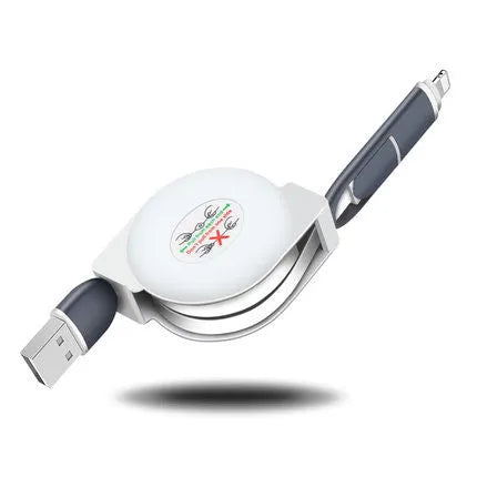 Black telescopic 3-in-1 charging cable with titanium alloy connectors extended on a white background.
