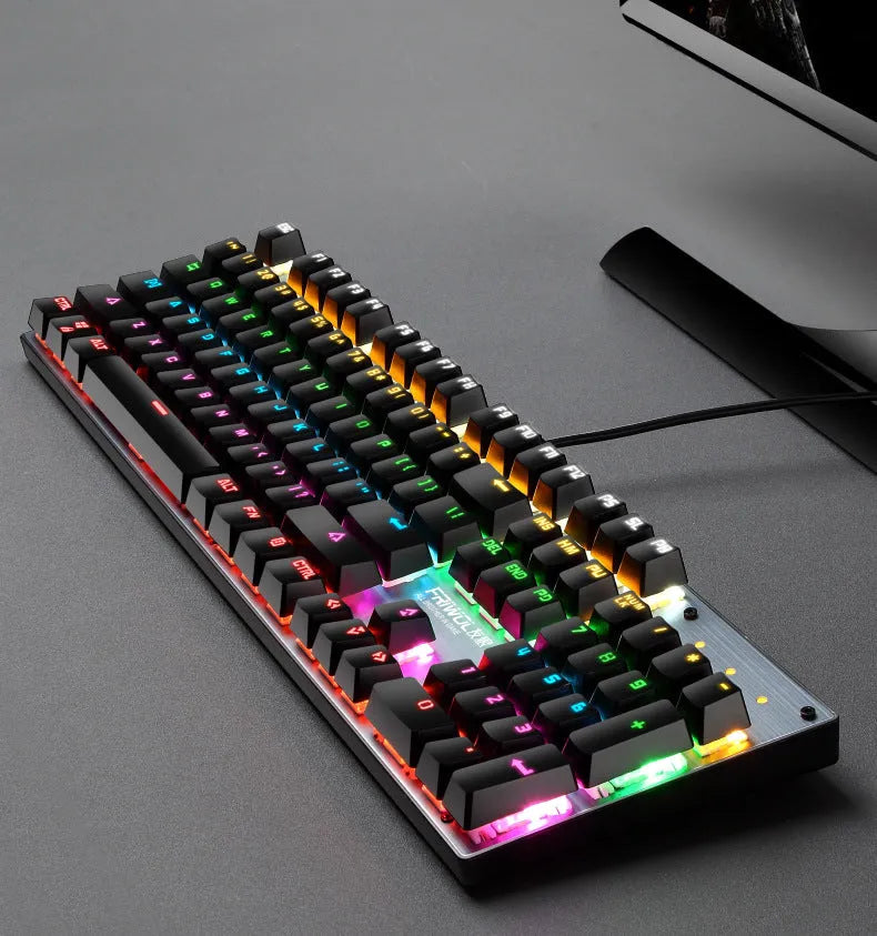 Waterproof mechanical gaming keyboard with 104 keys in black, blue, and pink colour options