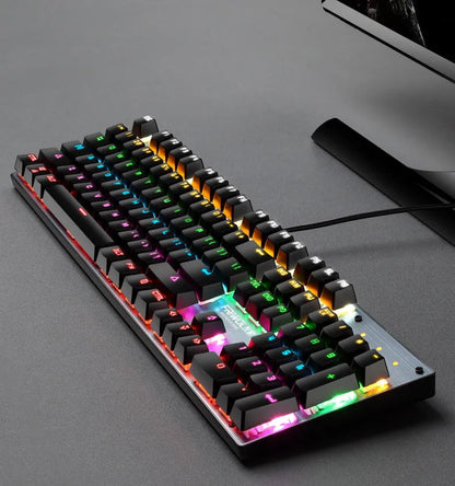 Waterproof mechanical gaming keyboard with 104 keys in black, blue, and pink colour options