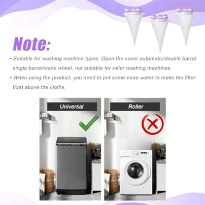 Three reusable washing machine hair filter bags in blue, pink, and purple colours for pet lint removal
