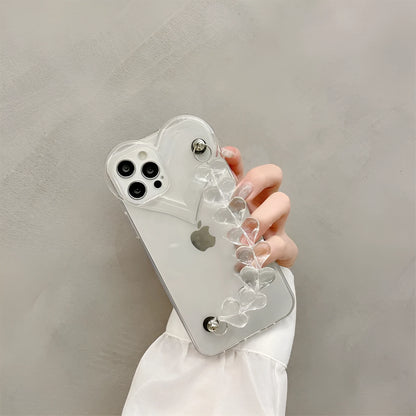 Transparent TPU iPhone case with love bracelet heart chain design on a mobile phone.