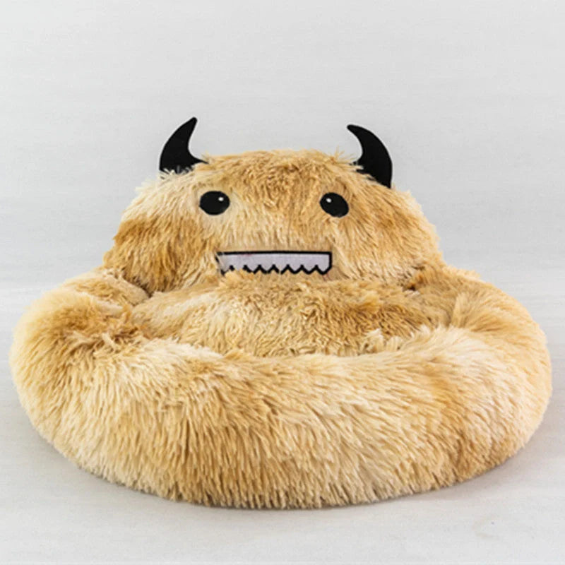 Round cat bed with soft plush and cartoon animal embroidery, available in multiple colors and sizes