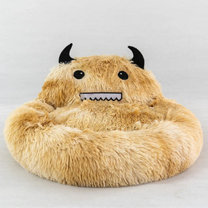 Round cat bed with soft plush and cartoon animal embroidery, available in multiple colors and sizes