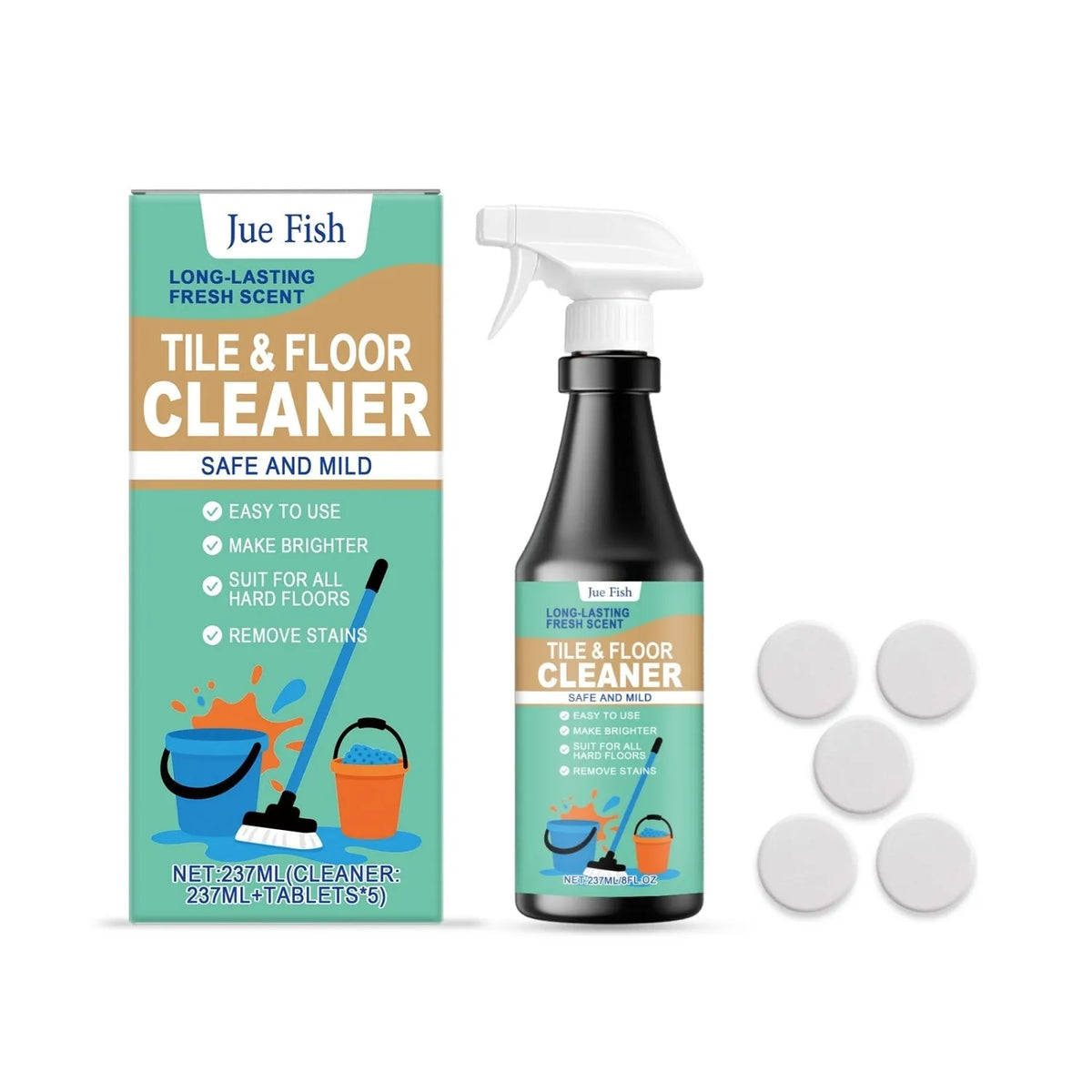 237ml floor cleaner bottle with lemon essence, showing capacity and cleaning tablets