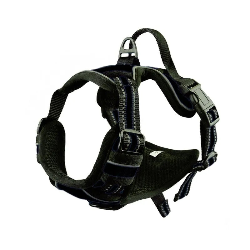 Adjustable Oxford cloth dog chest harness shown in multiple colours including red, blue, and green.