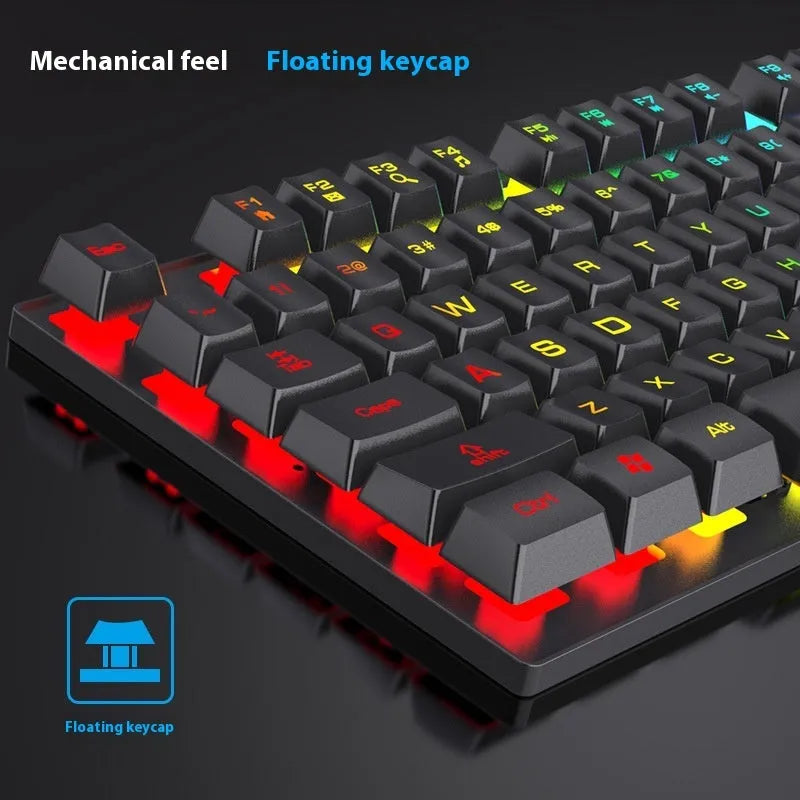 Black portable gaming keyboard with 104 keys and backlight illumination next to matching mouse