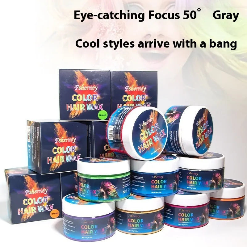 120g hair styling clay container showing colour options including blue, green, purple and other shades