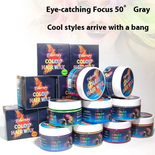 120g hair styling clay container showing colour options including blue, green, purple and other shades