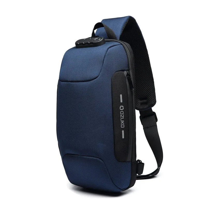 Anti-theft USB chest bag in Oxford cloth with zip closure, square vertical section, and polyester lining, shown in dark blue.