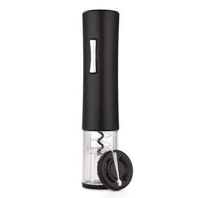 Black automatic electric wine opener with foil cutter showing battery compartment and cork removal mechanism