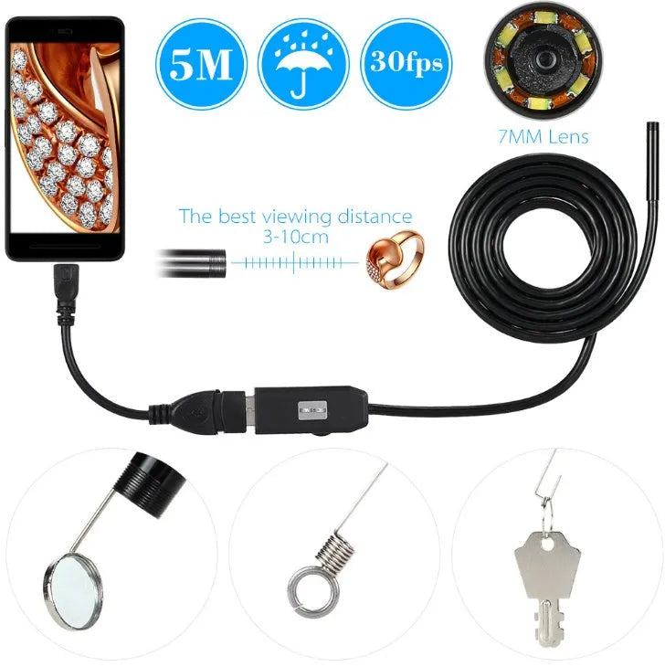 OWSOO USB endoscope camera with flexible black cable, small hook, magnet, and side mirror attachments on a white background.