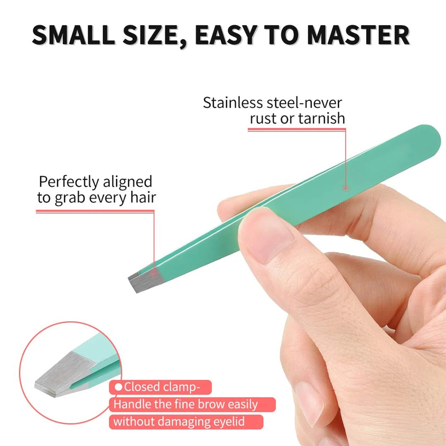 Professional stainless steel eyebrow tweezers set with scissors, brush, and leather case.