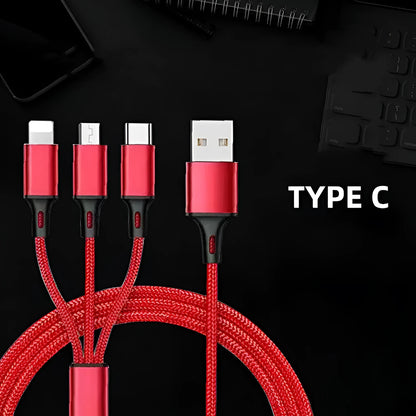 Red 3-in-1 nylon braided charging cable with three connector types on a 1.2m cord