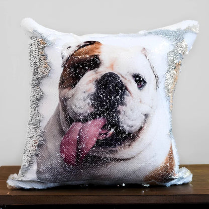 Custom photo sequin cushion cover measuring 40cm square with reversible gold silver luminous surface