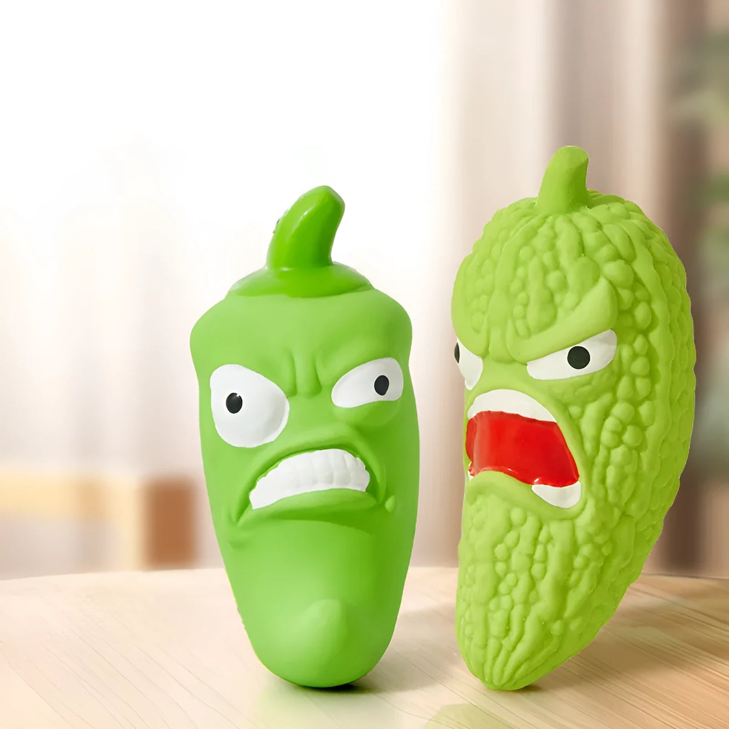 Bitter melon and chilli shaped dog toys with textured surfaces for tooth cleaning