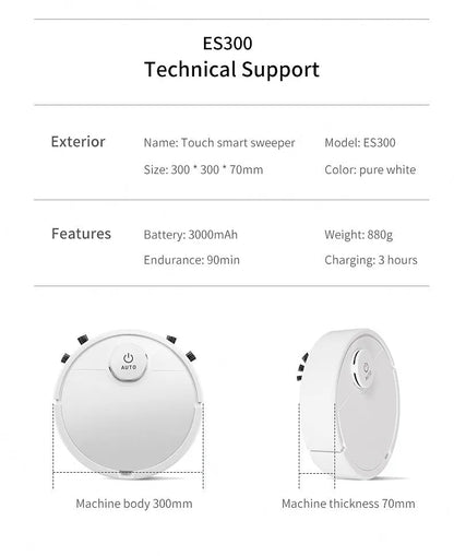 Automatic floor sweeping robot with a 28cm diameter, shown cleaning dust and hair.