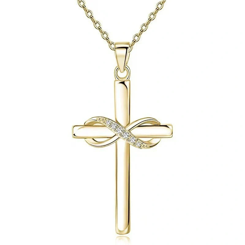 Elegant gold cross and infinity pendant necklace for women, showcasing timeless beauty and spiritual meaning.