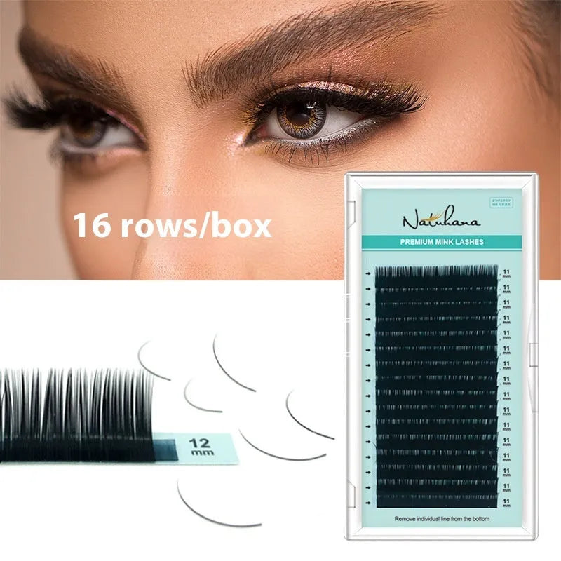 Soft velvet false eyelashes showing artificial fibre construction in various lengths from 7mm to 15mm