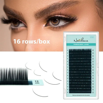 Soft velvet false eyelashes showing artificial fibre construction in various lengths from 7mm to 15mm