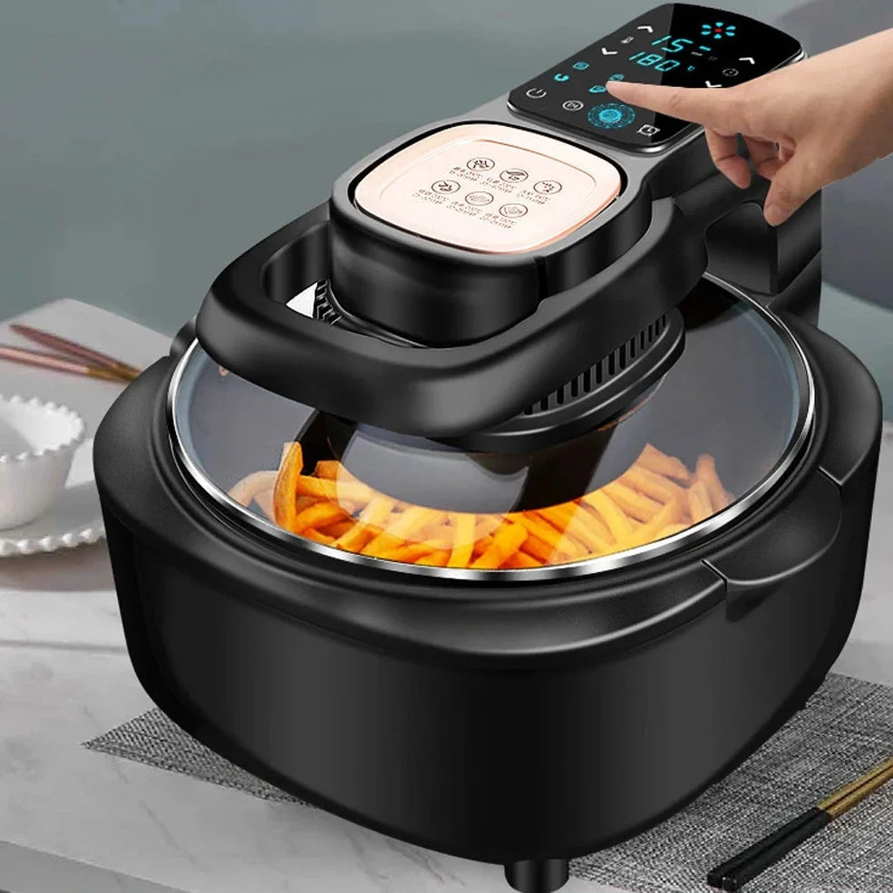 Green 6L air fryer with touch controls, 335x325x295mm dimensions, 1500W power for family cooking