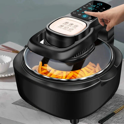 Green 6L air fryer with touch controls, 335x325x295mm dimensions, 1500W power for family cooking