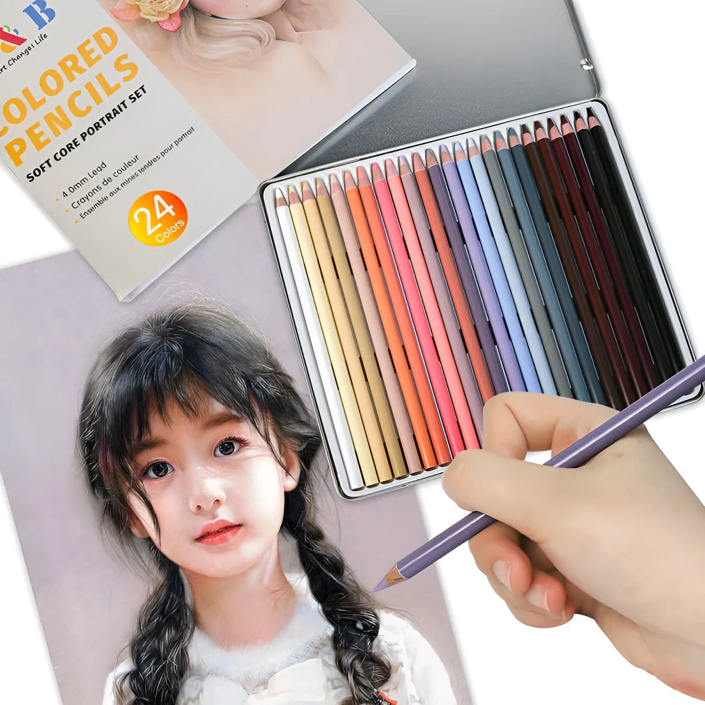 24 skin colour pencils for portrait art in a round metal tin with HB refills