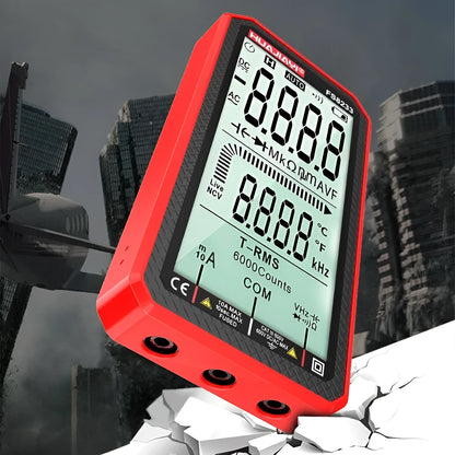 Large screen digital multimeter with automatic ranging in black colour, handheld design for electrical testing