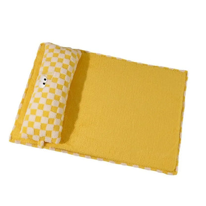 Grey and yellow universal pet cushion shown in four sizes: small, medium, large, and extra-large for cats and dogs.