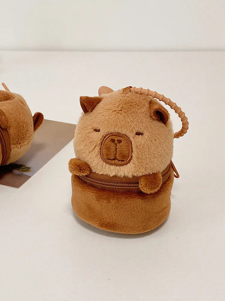 Brown plush animal coin purse and earphone bag with embroidery for daily matching