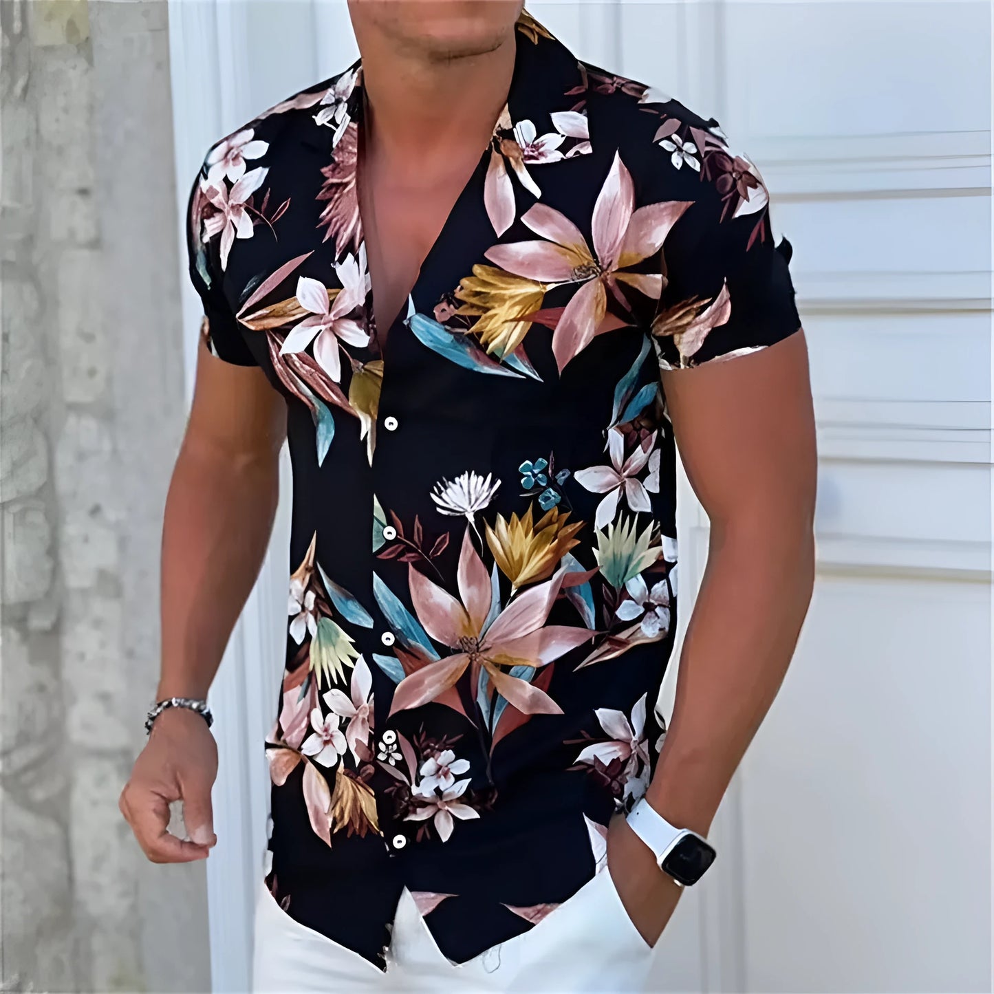 Men's loose fit short sleeve shirt with a colourful floral pattern, cardigan style.