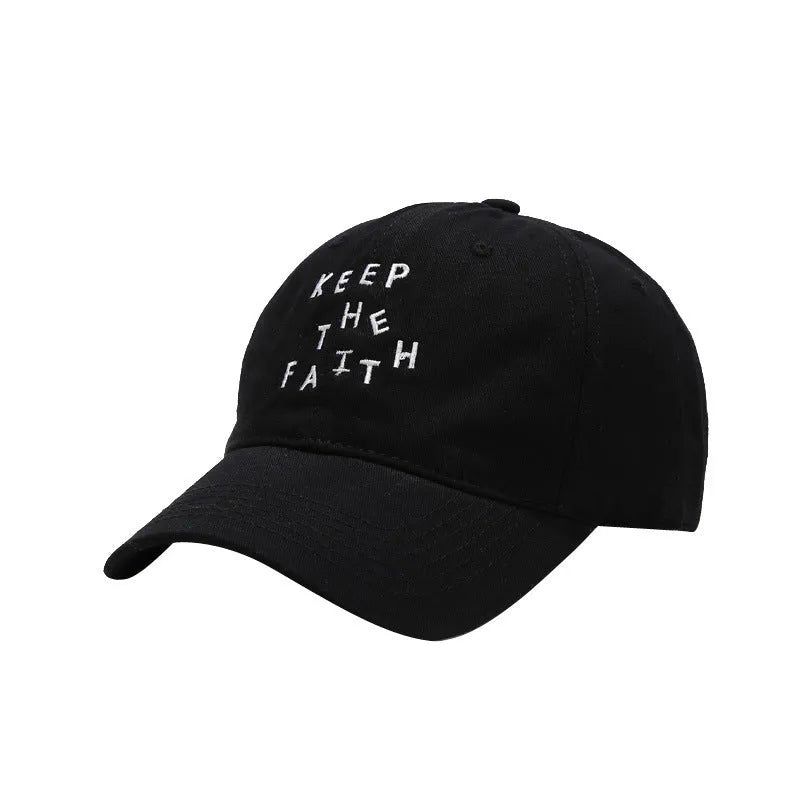 Men's cotton baseball cap with small embroidered letters on front in adjustable dome design