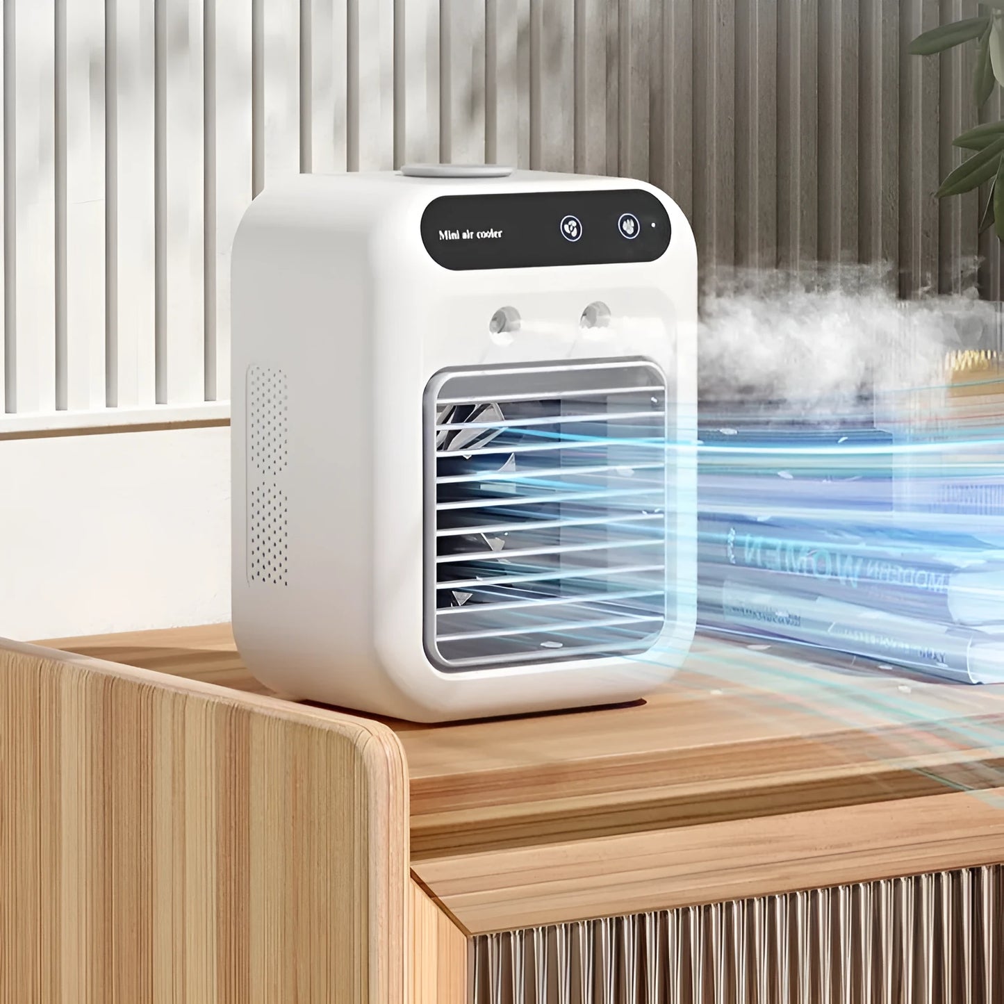 Ivory white USB portable air cooler with water tank and touchscreen display for personal cooling