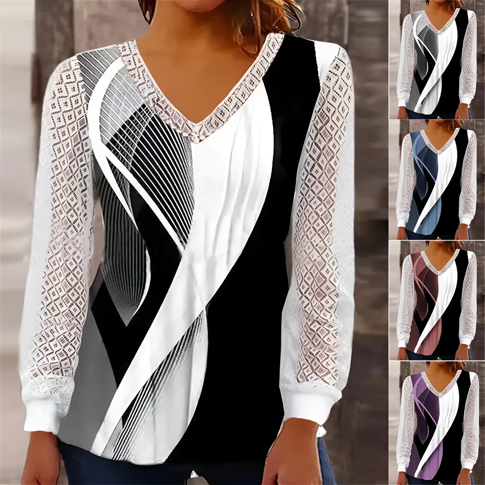 Loose V-neck women's top with hollow-out lace print in purple, wine red, grey or blue