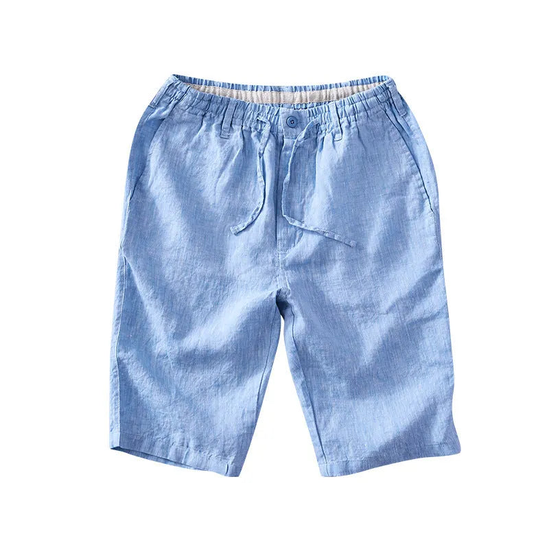 Men's loose-fit linen capri pants in a straight-leg style on a white background