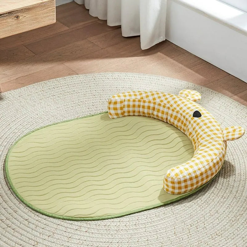 Green and yellow four-season cooling dog mat with waterproof underside in four sizes for small to medium pets