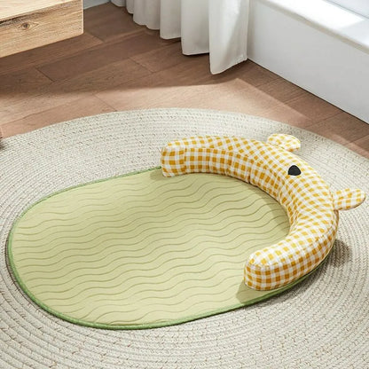 Green and yellow four-season cooling dog mat with waterproof underside in four sizes for small to medium pets