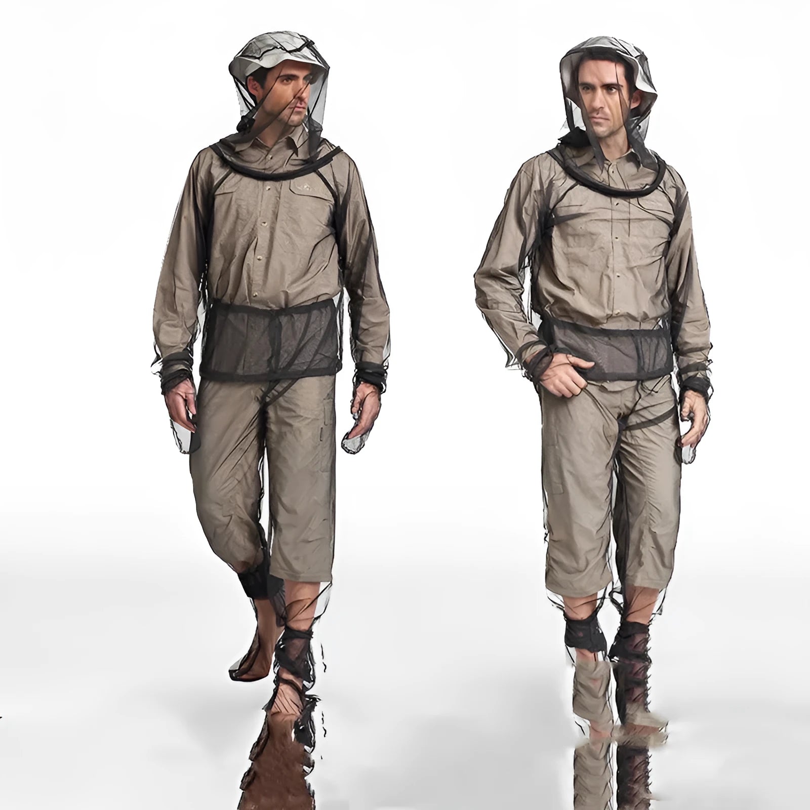 Anti-mosquito hooded suit and trousers set in breathable mesh fabric for outdoor wear.