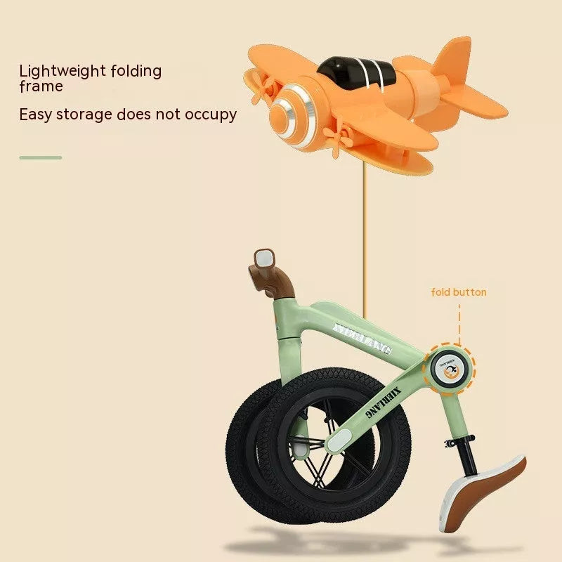 Foldable kids balance bike in grass green, light brown, or pink purple