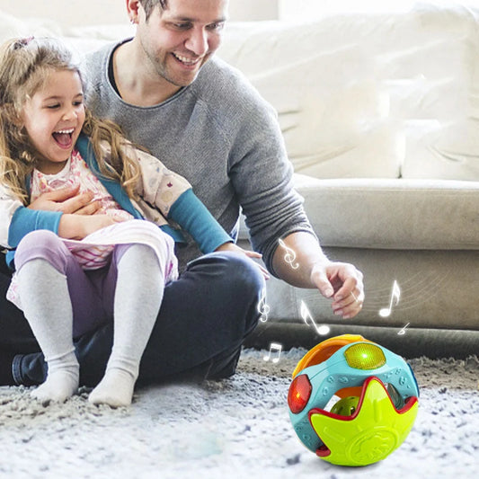 Bright yellow and orange baby rolling ball educational toy with smooth arc design