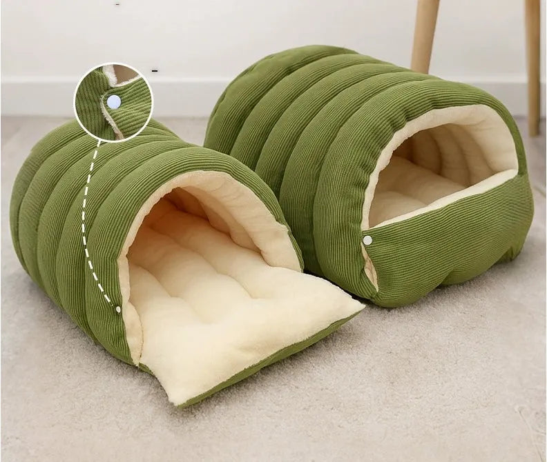 Closed cat house in PP cotton, removable washable winter pet sleeping nest, medium and large sizes, light beige, light green, light purple.